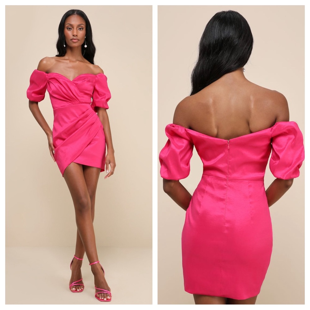 NWT Lulus Desirable Aura Hot Pink Taffeta Off-the-Shoulder Mini Dress S